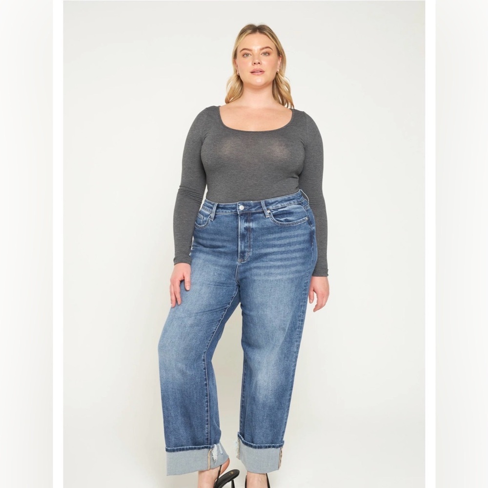 Mica Women's Wide Leg Cuffed & Distressed On Back of Cuff Blue Jeans plus size